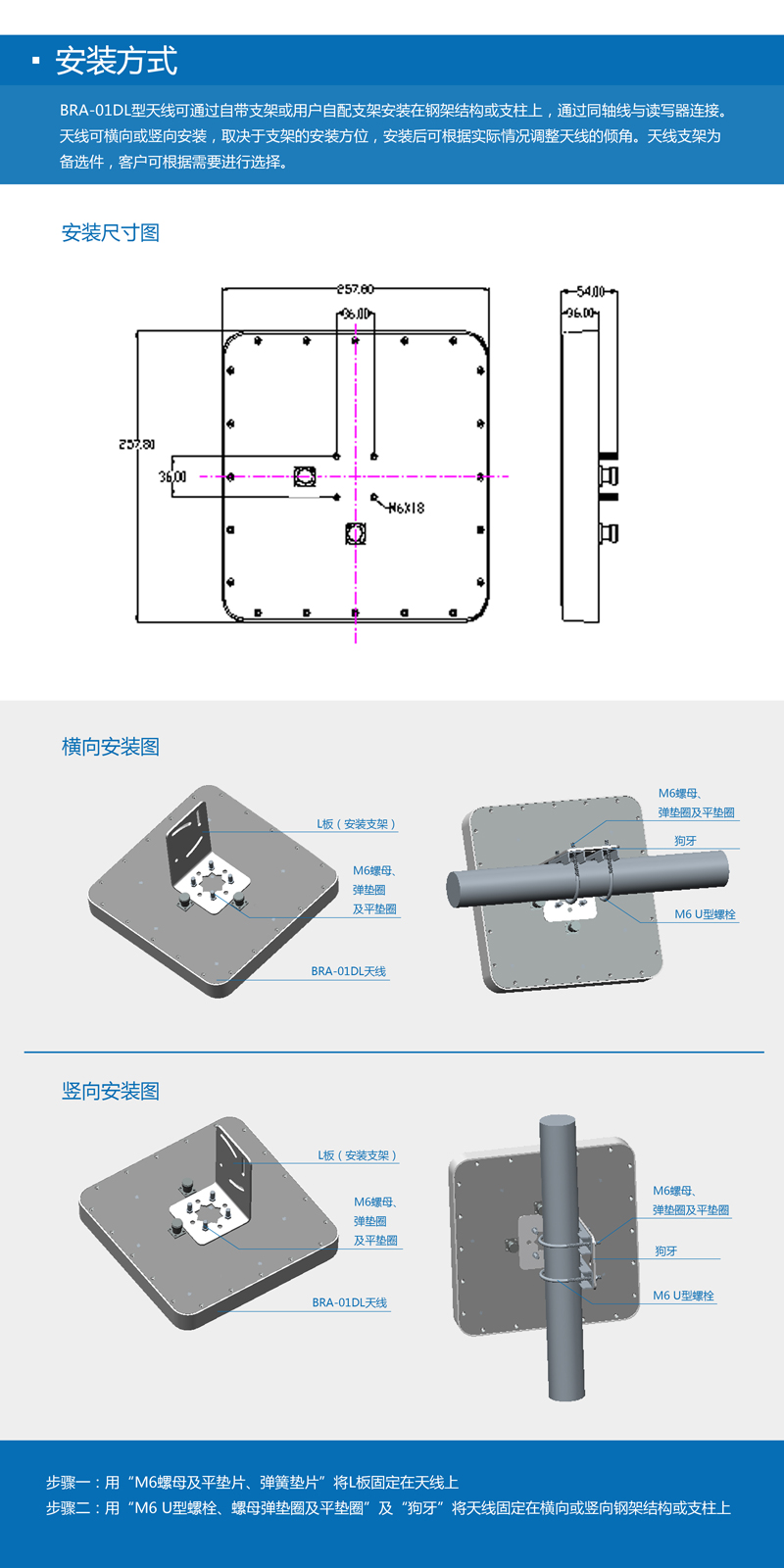 超高頻RFID天線--9dbic線極化UHF天線安裝方式 BRA-01DL